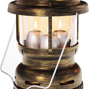 3-Wick Emergency Candle Lantern for Power Outages [18H+ Burning Time] Vintage Decorative Candle Lantern for Real Candles, Outdoor Portable Camping Survival Lighting [7.1"*5.7" - Vintage Brass]